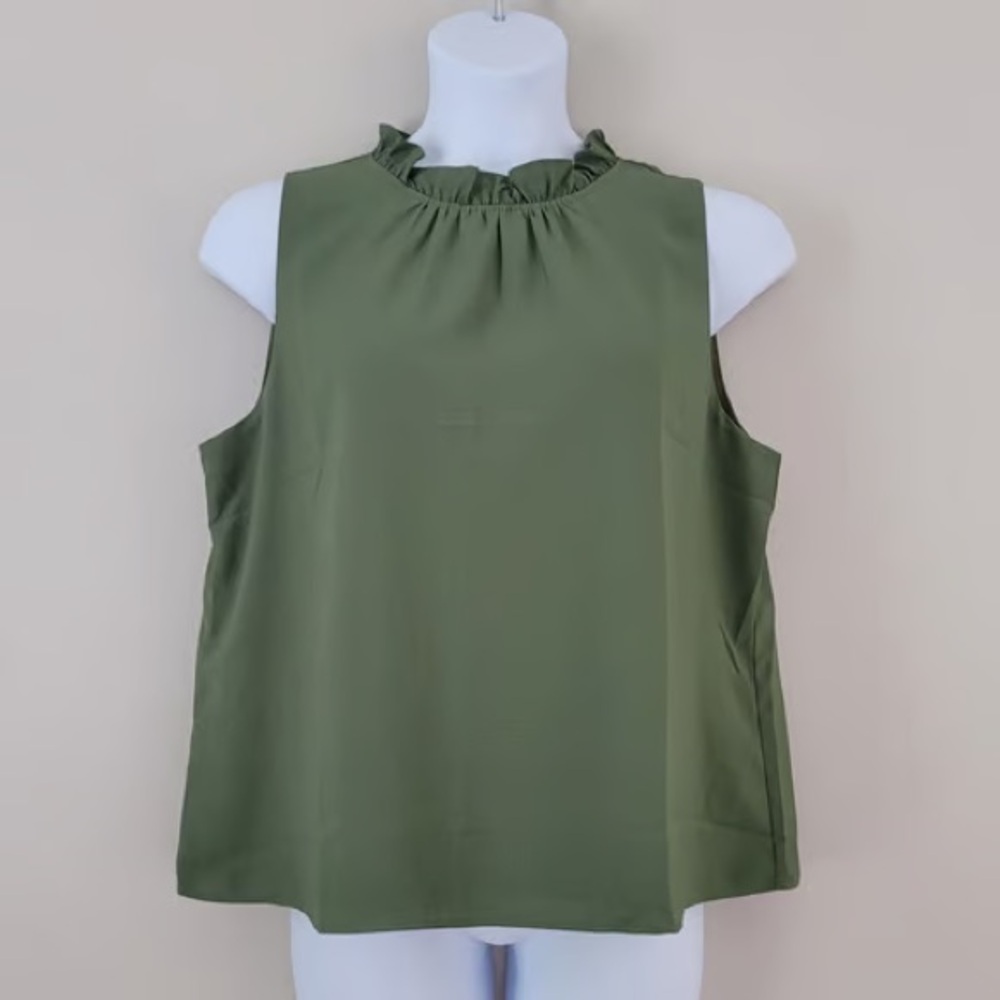 J-Crew Ruffle High Neck Sleeveless Top in Olive Green M